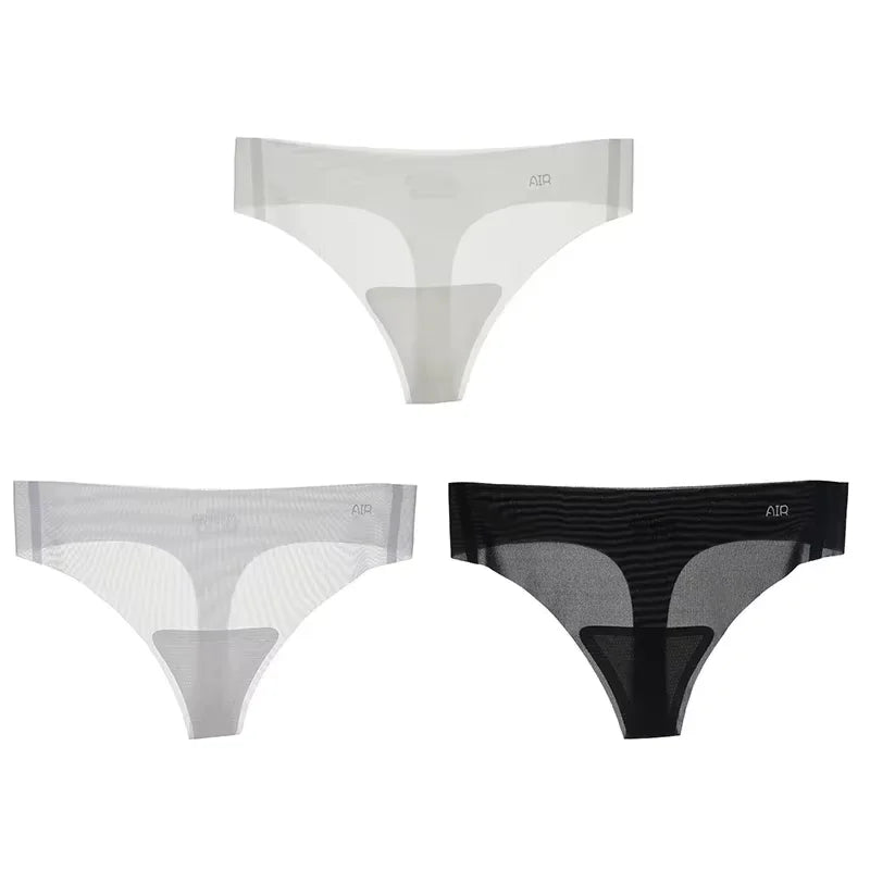 Lot de 3 strings transparents ultra-fins pour femme, sous-vêtements sexy sans couture, taille basse, couleur unie, séchage rapide