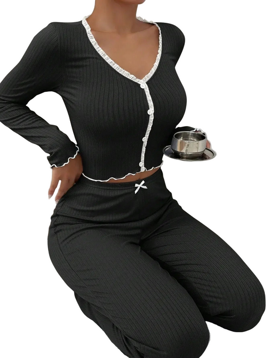 Women’s Autumn Winter Pajama Set – Lace 2-Piece Loungewear