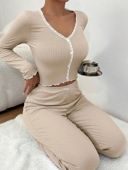 Ensemble pyjama automne-hiver pour femme – Vêtements d'intérieur 2 pièces en dentelle