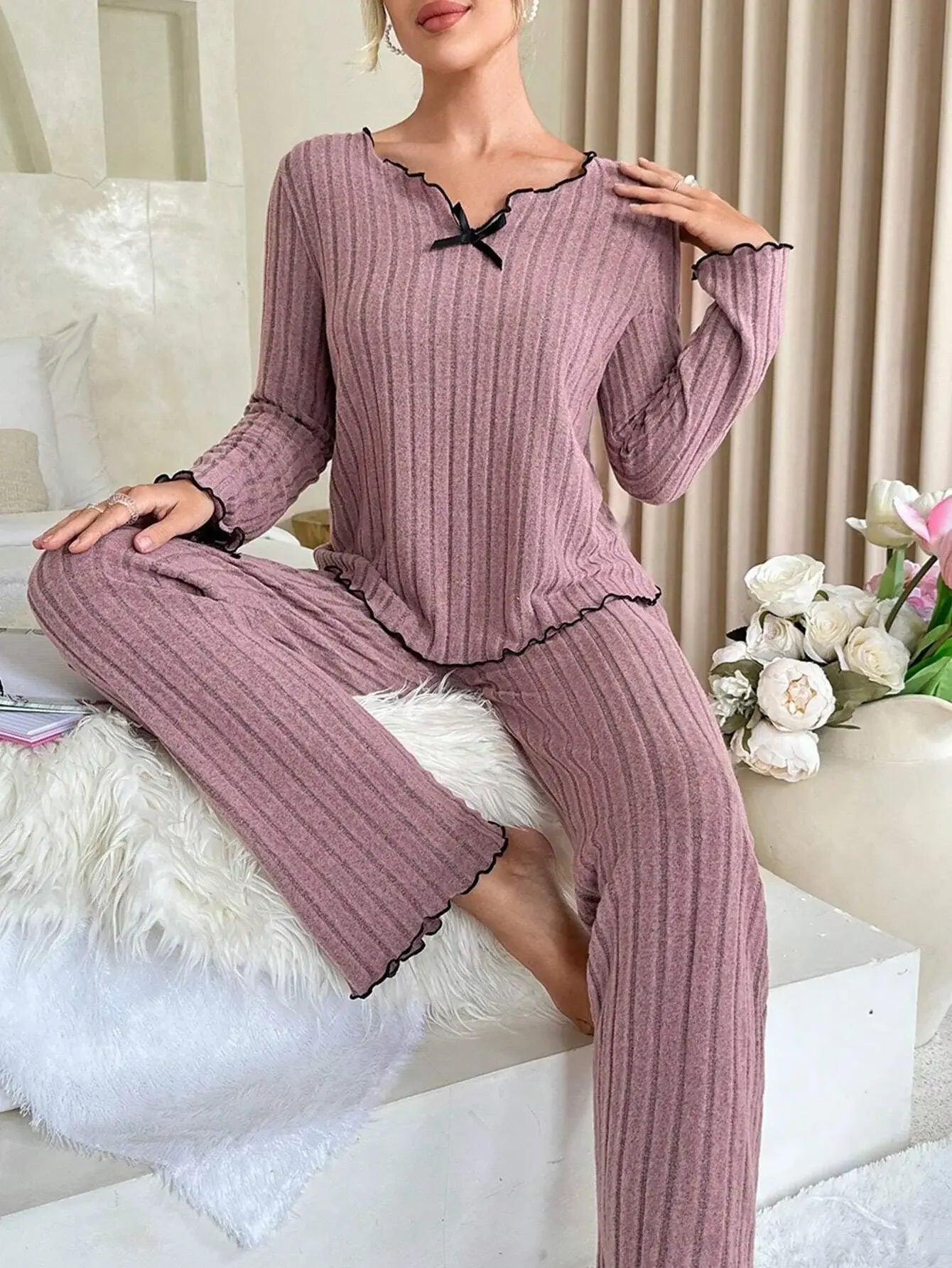 Pyjama côtelé pour femme – Vêtements de détente automne-hiver