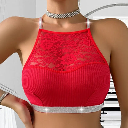 Soutien-gorge caraco dos nu en dentelle pour femme – Bralette côtelée à fleurs