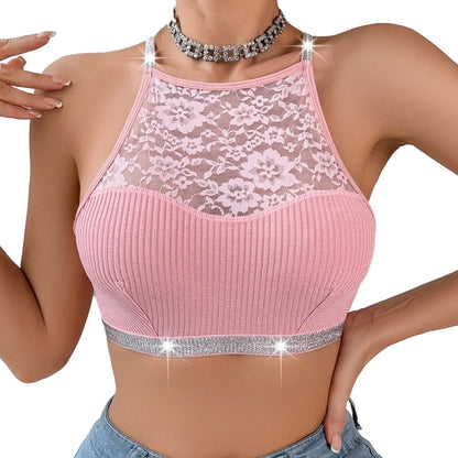 Soutien-gorge caraco dos nu en dentelle pour femme – Bralette côtelée à fleurs