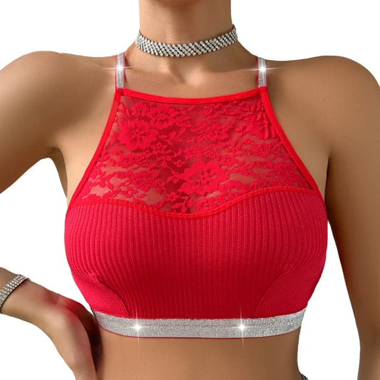 Soutien-gorge caraco dos nu en dentelle pour femme – Bralette côtelée à fleurs
