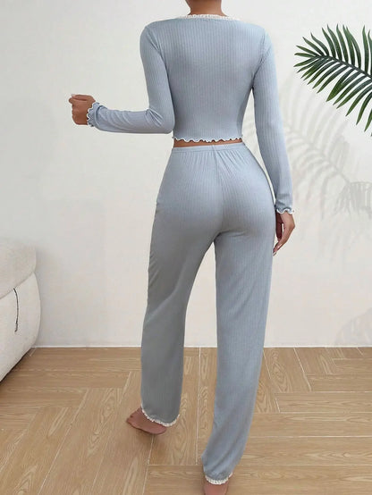 Ensemble pyjama automne-hiver pour femme – Vêtements d'intérieur 2 pièces en dentelle