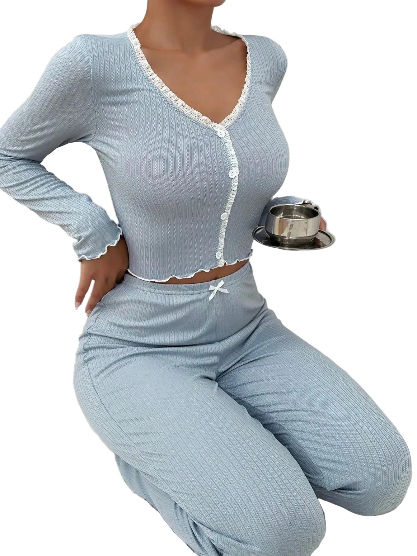 Ensemble pyjama automne-hiver pour femme – Vêtements d'intérieur 2 pièces en dentelle